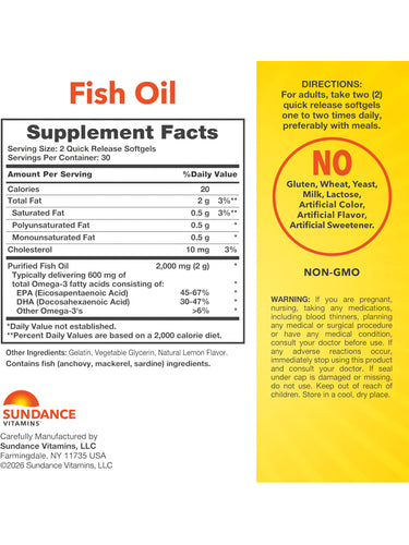 Supplement Facts panel for Lem Fl Fish Oil 1000 mg, 60 softgels, detailing nutritional information.