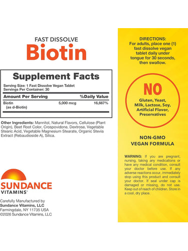 Sundance Vitamins Fast Dissolve Biotin 5,000 mcg comes in a bottle with 30 vegan tablets.