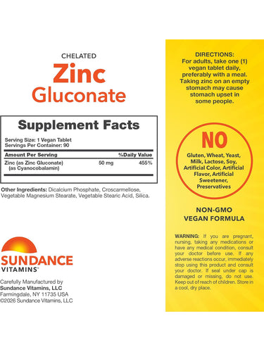 Supplement Facts for Zinc Gluconate 50 mg, 90 Tablets.