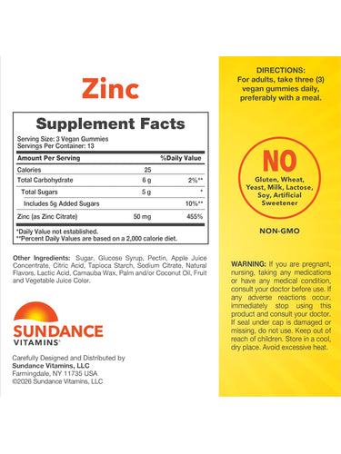 Supplement Facts for Zinc 50 mg, 40 Gummies bottle.