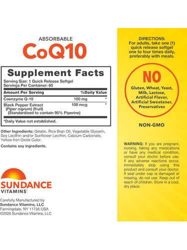 Supplement Facts label for SD Co Q-10 100 mg, 60 softgels.