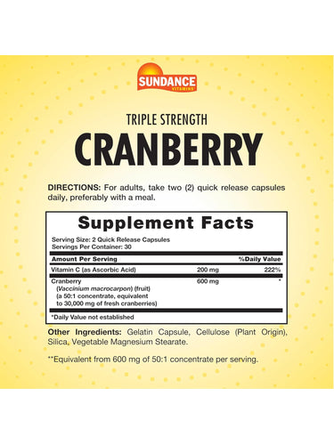 Supplement Facts panel for Cranberry 15,000mg plus Vitamin C capsules, 60 count, displaying ingredient details and nutritional information.
