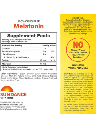Supplement label for SD Melatonin 10 mg 60 Gummies with facts, directions, warnings, and dietary claims.