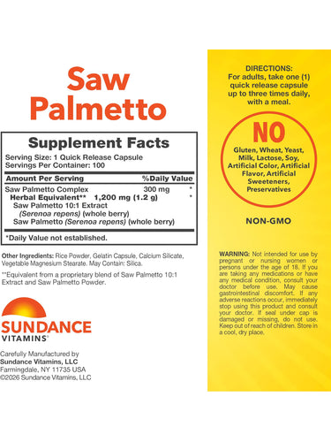 Supplement Facts panel displaying details for SD Saw Palmetto 1200 mg, containing 100 capsules.