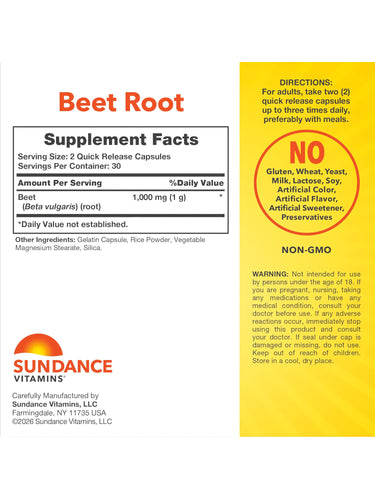 Beet Root 1000mg, 60 quick-release capsules in a bottle, providing health benefits and dietary support.