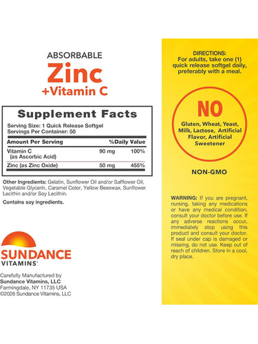 Zinc + Vit C bottle with icons indicating no gluten, wheat, yeast, milk, lactose, artificial flavor, sweetener, NON-GMO.