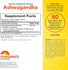 Supplement Facts panel for Ashwagandha Root capsules, 920 mg per serving, 60 capsules total.