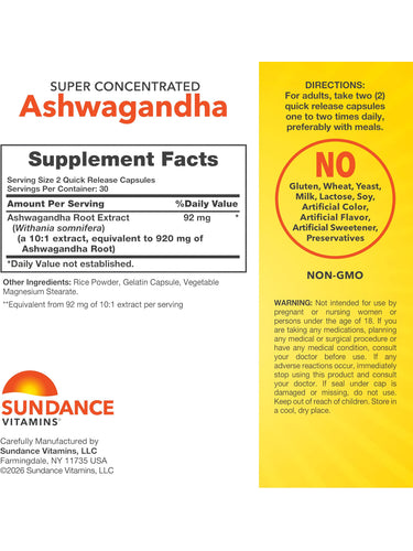 Supplement Facts panel for Ashwagandha Root capsules, 920 mg per serving, 60 capsules total.