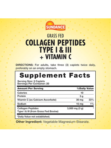 Grass Fed Collagen Peptides Type I & III with Vitamin C, 60 coated caplets for health benefits.