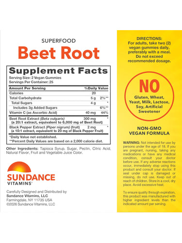 SD Beet Root 50 Vegan Gummies label showing Supplement Facts, Directions, and Non-GMO Vegan Formula declaration.