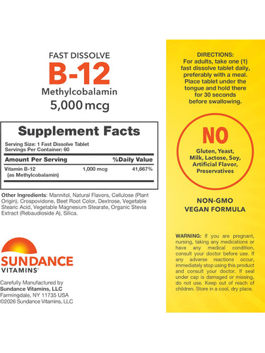 B-12 bottle with icons indicating: No Gluten, Yeast, Milk, Lactose, Soy, Artificial Flavor/Preservatives, Non-GMO, Vegan.