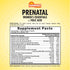 Supplement Facts label for Prenatal Vitamins and Minerals, 100 capsules.
