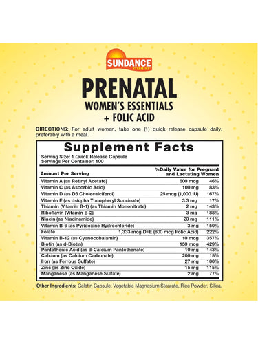 Supplement Facts label for Prenatal Vitamins and Minerals, 100 capsules.