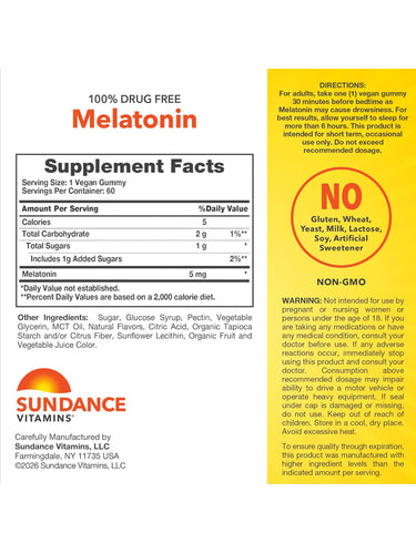 Vegan gummies with 5 mg melatonin, 100% drug-free, available in a 60-count bottle.