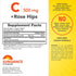 Label showing supplement facts for C 500 mg plus Rose Hips.