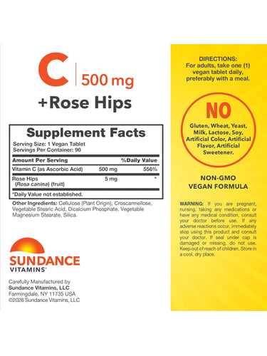 Label showing supplement facts for C 500 mg plus Rose Hips.