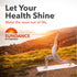 Young adult woman doing yoga in a high lunge pose outdoors at sunset next to the Sundance Vitamins logo.