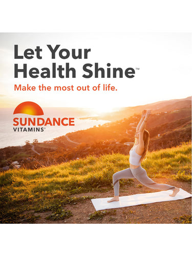 Young adult woman doing yoga in a high lunge pose outdoors at sunset next to the Sundance Vitamins logo.