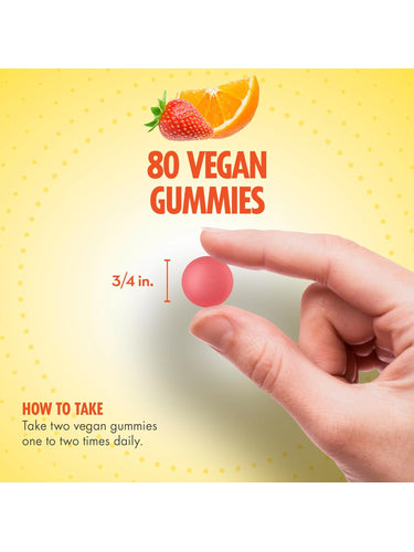 SD Hair, Skin, Nails 80 Vegan Gummies. One 3/4 inch gummy held in hand. Directions: Take two vegan gummies one to two times daily.