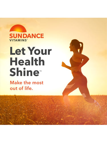 Young woman running in a sunlit field at sunset, next to the Sundance Vitamins logo and 'Let Your Health Shine' text.
