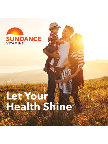 Family (man, woman, two children) embracing in a sunny field with Sundance Vitamins logo and 'Let Your Health Shine'.