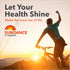 Man mountain biking at sunset with arm raised, featuring Sundance Vitamins logo and 'Let Your Health Shine' text.