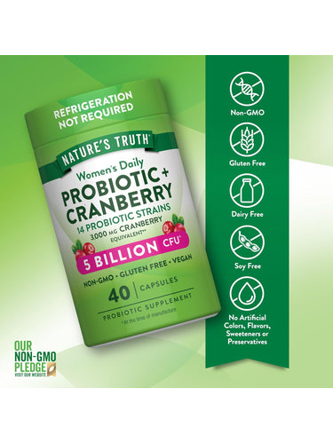 Nature's Truth Women's Daily Probiotic + Cranberry with 5 Billion CFU, 40 Capsules, Non-GMO, Gluten Free, and Vegan.