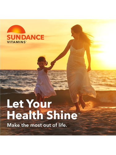 Woman and girl walking hand-in-hand on sandy beach at sunset with Sundance Vitamins logo and 'Let Your Health Shine' text.