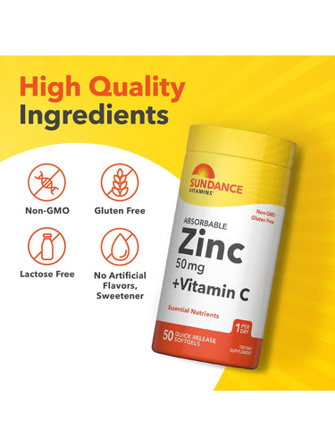 Zinc + Vitamin C bottle with icons indicating Non-GMO, Gluten Free, Lactose Free, No Artificial Flavors or Sweetener.