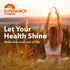 A woman with arms raised toward the setting sun in a grassy field, alongside a Melatonin product.