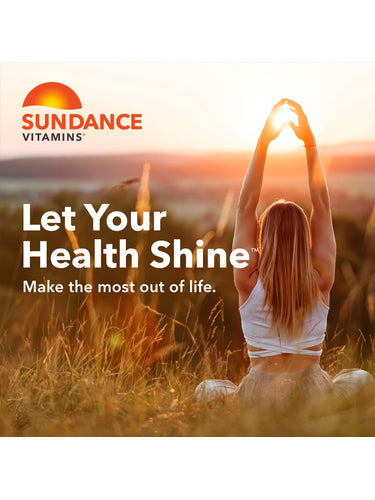 A woman with arms raised toward the setting sun in a grassy field, alongside a Melatonin product.