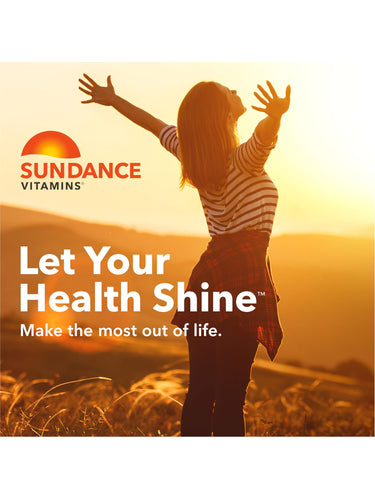 Woman with arms raised at sunset in a field, featuring Sundance Vitamins logo and the text 'Let Your Health Shine'.
