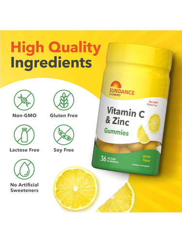 A Vitamin C & Zinc bottle featuring labels: Non-GMO, Gluten Free, Lactose Free, Soy Free, No Artificial Sweeteners.