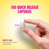 100 QUICK RELEASE CAPSULES. A hand holds a 3/4 in. quick release capsule. HOW TO TAKE: Take one quick release capsule daily.