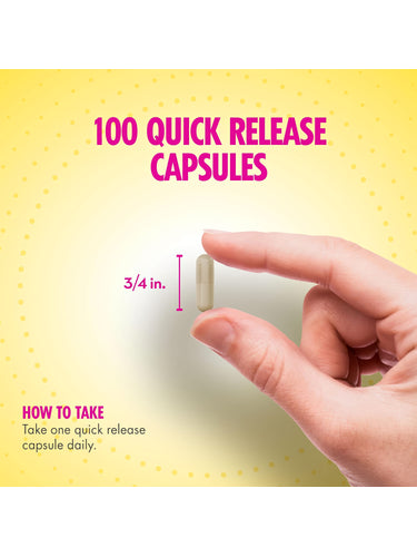 100 QUICK RELEASE CAPSULES. A hand holds a 3/4 in. quick release capsule. HOW TO TAKE: Take one quick release capsule daily.