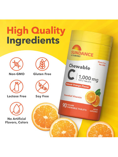 Bottle of chewable Vitamin C with labels: Non-GMO, Gluten Free, Lactose Free, Soy Free, No Artificial Flavors or Colors.