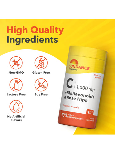 Vitamin C bottle with icons indicating non-GMO, gluten free, lactose free, soy free, no artificial flavors.