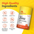 Zinc Gluconate bottle with icons indicating Non-GMO, Gluten Free, Lactose Free, Soy Free, No Artificial Color, Flavor, Sweetener, Preservative Free.
