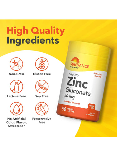 Zinc Gluconate bottle with icons indicating Non-GMO, Gluten Free, Lactose Free, Soy Free, No Artificial Color, Flavor, Sweetener, Preservative Free.