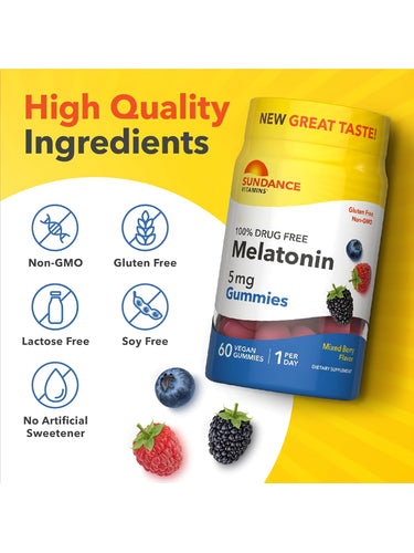Bottle of Melatonin Gummies labeled as Non-GMO, Gluten Free, Lactose Free, Soy Free, with No Artificial Sweeteners.