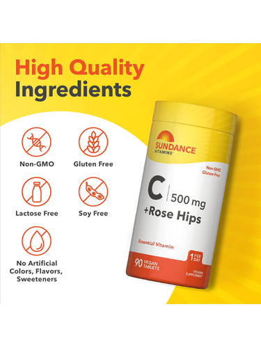 C 500 mg + Rose Hips bottle with icons indicating Non-GMO, Gluten Free, Lactose Free, Soy Free, No Artificial Colors/Flavors/Sweeteners.