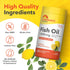 Fish Oil bottle with icons indicating Non-GMO, Gluten Free, Lactose Free, No Artificial Flavors, Colors, and Sweeteners.