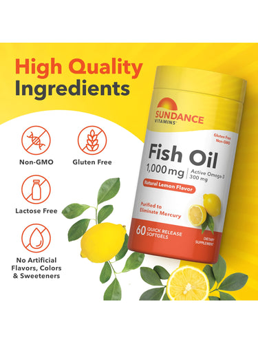 Fish Oil bottle with icons indicating Non-GMO, Gluten Free, Lactose Free, No Artificial Flavors, Colors, and Sweeteners.