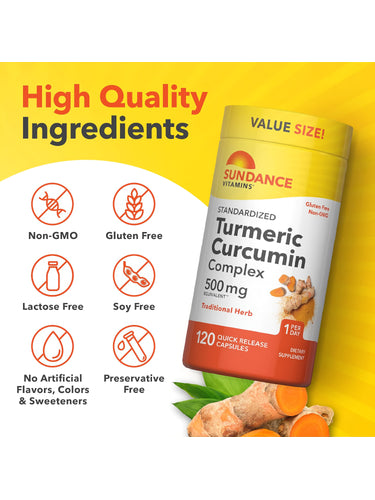 Turmeric bottle with icons indicating Non-GMO, Gluten Free, Lactose Free, Soy Free, No Artificial Flavors/Colors/Sweeteners.