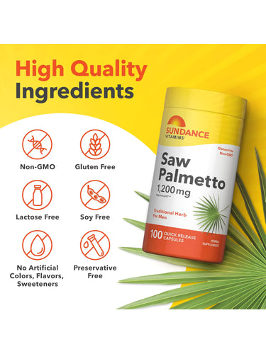 Saw Palmetto bottle with icons indicating Non-GMO, Gluten Free, Lactose Free, Soy Free, No Artificial Additives, Preservative Free.