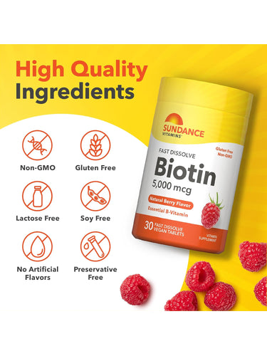 Biotin bottle with icons indicating: Non-GMO, Gluten Free, Lactose Free, Soy Free, No Artificial Flavors, Preservative Free.