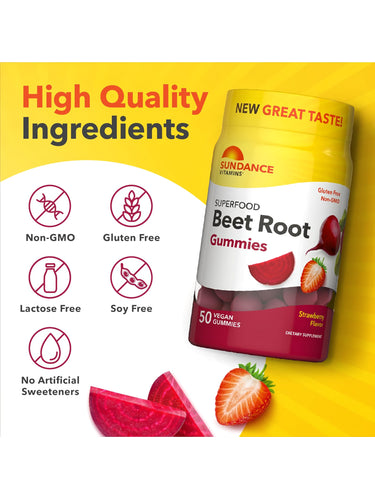 Sundance Vitamins Superfood Beet Root Gummies, 50 vegan gummies, strawberry flavor, gluten-free, and non-GMO.