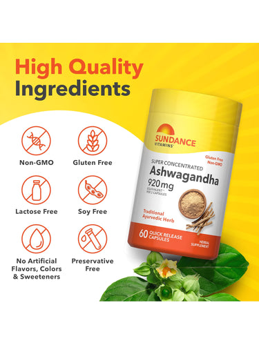 Ashwagandha bottle with icons indicating Non-GMO, Gluten Free, Lactose Free, Soy Free, No Artificial Flavors/Colors/Sweeteners.