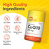 CoQ10 bottle with icons indicating Non-GMO, Gluten Free, Lactose Free, Preservative Free, No Artificial Flavors, Sweeteners.