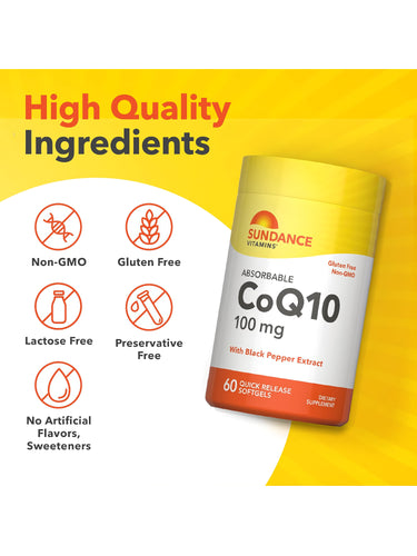 CoQ10 bottle with icons indicating Non-GMO, Gluten Free, Lactose Free, Preservative Free, No Artificial Flavors, Sweeteners.